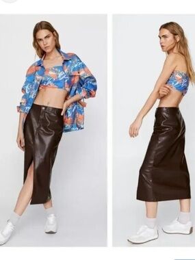 Nasty Gal women’s Faux Leather split front midi skirt in Chocolate Brown, size 8